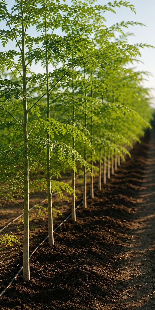 Single-cluster organic moringa cultivation in rows, grown without synthetic inputs