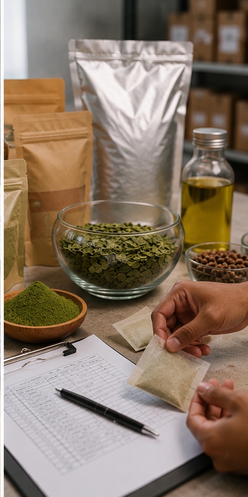 Final sampling, weighing and sealing of moringa lots before dispatch — powder, leaf, seed oil and tea