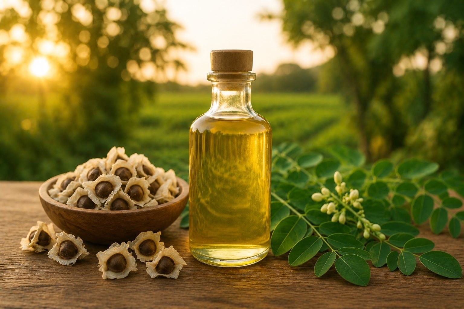 Cold-pressed moringa seed oil in a glass bottle beside a bowl of moringa seeds and fresh leaves at sunset