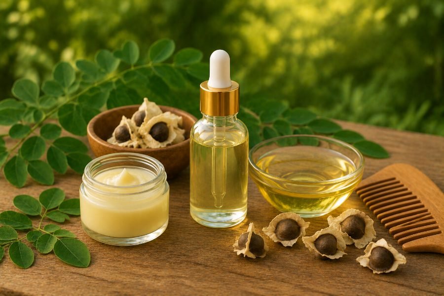 Moringa cosmetic balm, dropper serum and oil bowl with seeds, leaves and a wooden comb