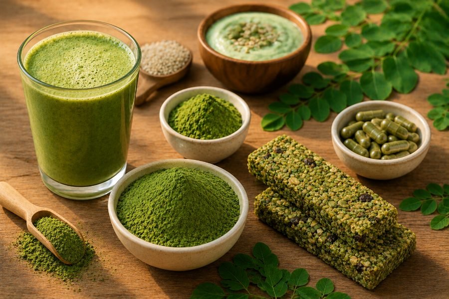 Moringa green smoothie, powder bowls, energy bars and capsules on a wooden table