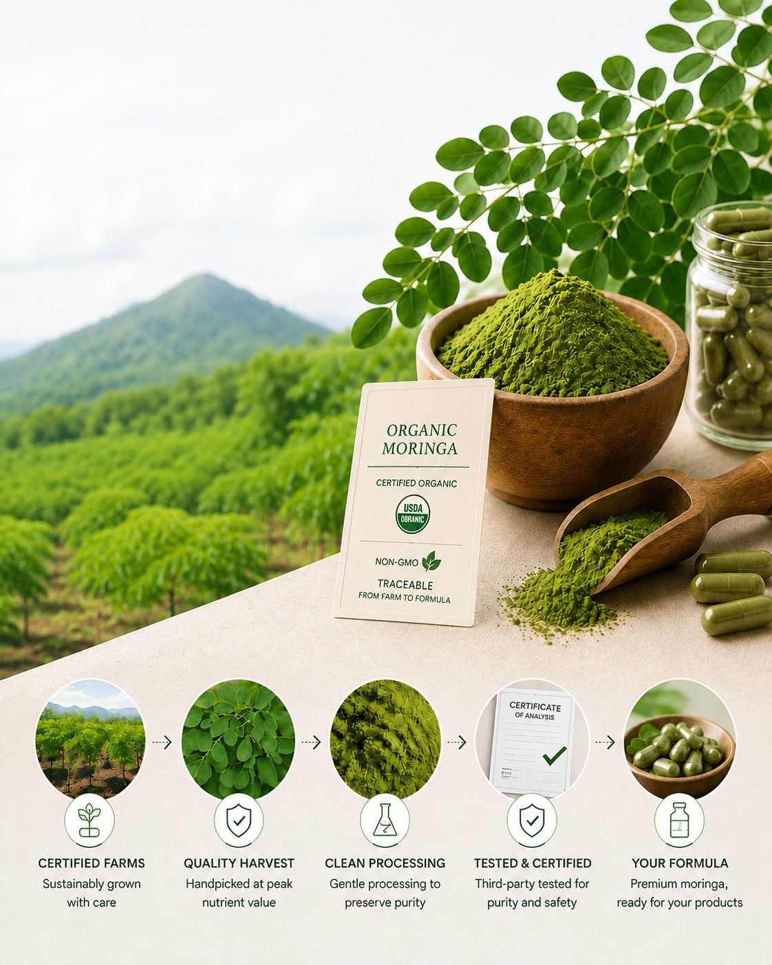 Brindari Global — premium organic moringa, traceable from certified farm to formula, with a hill-side plantation, fresh leaves, fine-milled powder, capsules and a certified-organic, non-GMO, traceable card