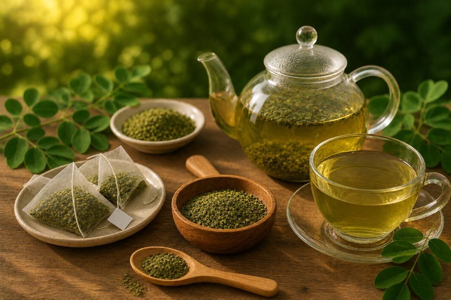 Moringa infusions — glass teapot, brewed cup, pyramid sachets and cut-and-sift leaf