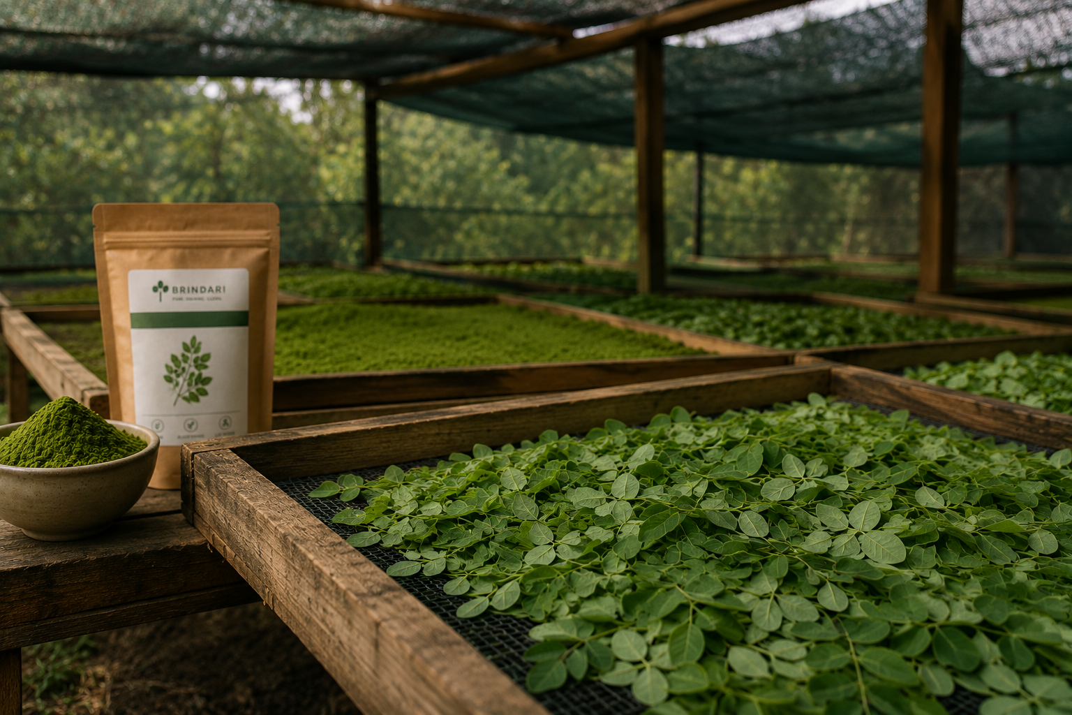 Brindari shade-drying yard with fresh moringa leaves on wooden racks