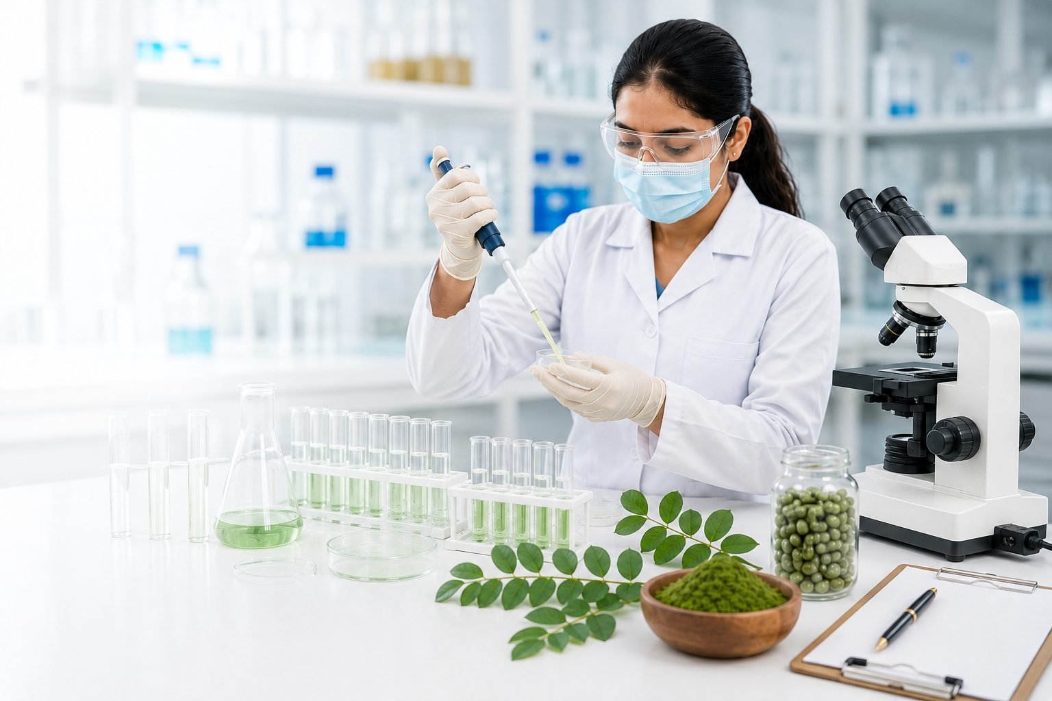 Lab technician testing a moringa sample with a pipette beside a microscope