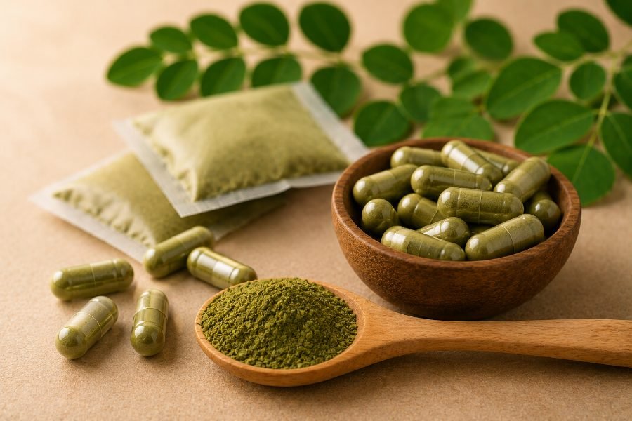 Moringa capsules, sachets and powder beside fresh leaves
