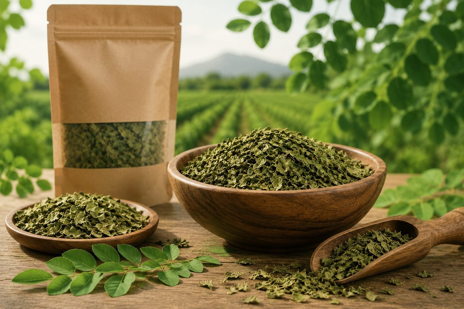 Whole dried moringa leaves in a wooden bowl with kraft pouch and fresh leaves on a farm-side table