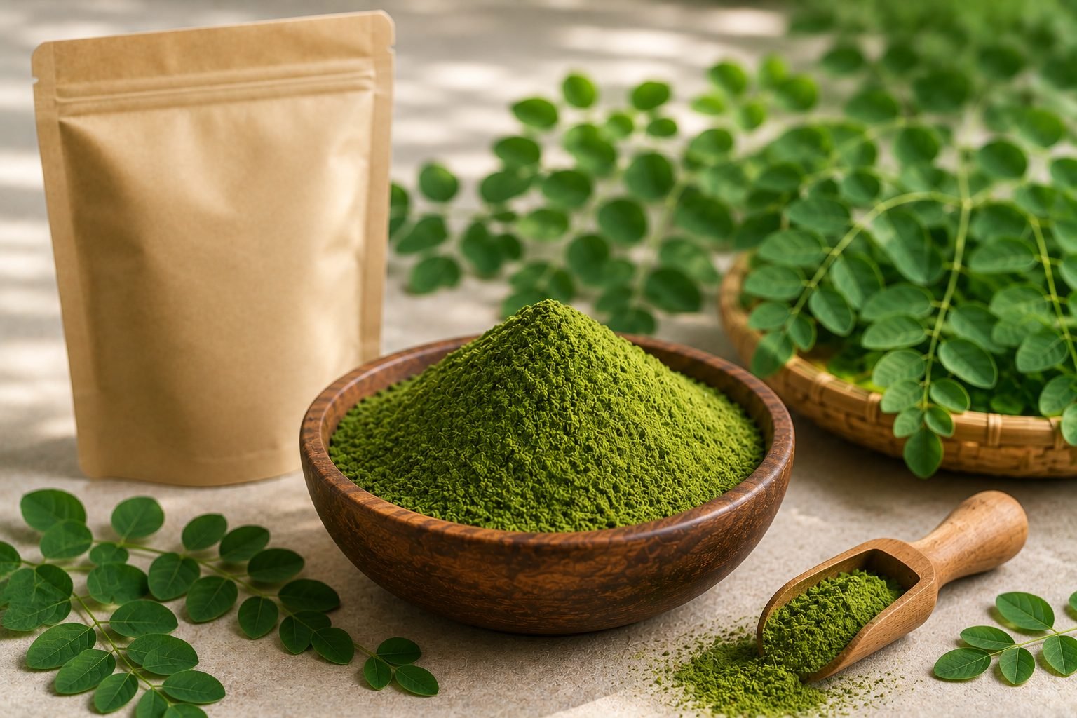 Organic moringa leaf powder in a wooden bowl with kraft pouch and fresh leaves