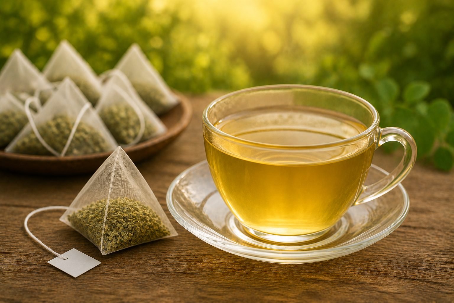 Brewed moringa tea in a clear glass cup with pyramid sachets on a wooden table