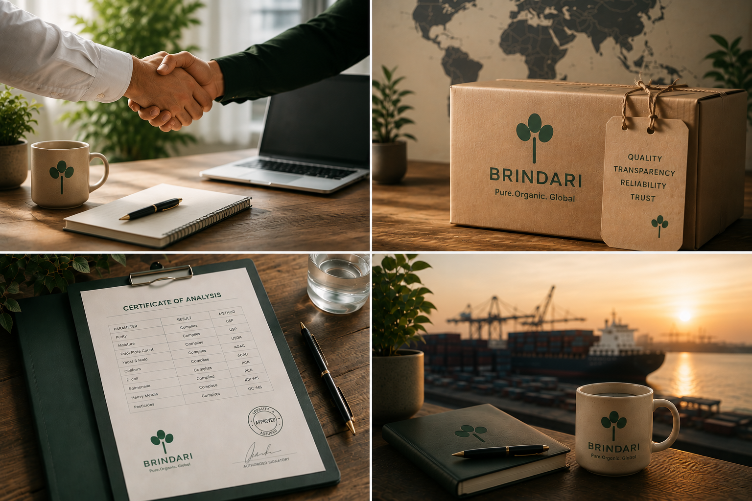 Brindari's story in four frames — a partnership handshake, branded organic moringa packaging, a signed Certificate of Analysis, and a container shipment leaving port at sunset.