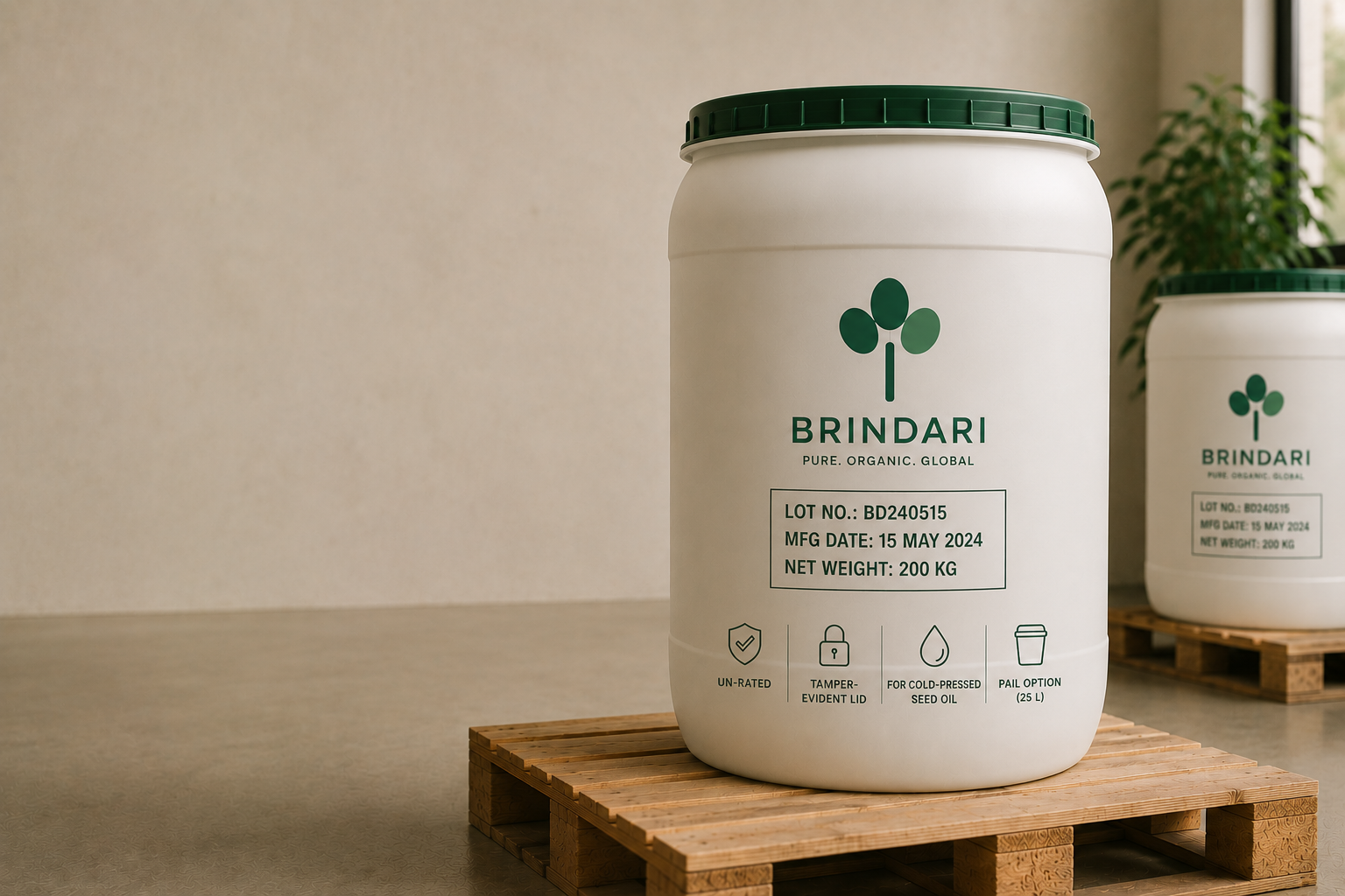 UN-rated 200 kg HDPE drum with tamper-evident green lid for cold-pressed seed oil