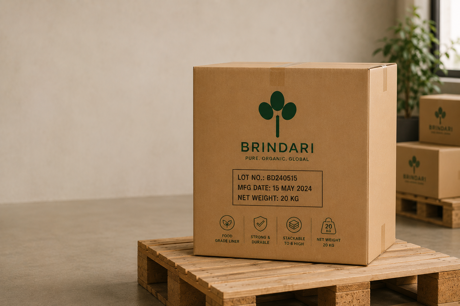 20 kg double-walled corrugated export carton, stackable to six high