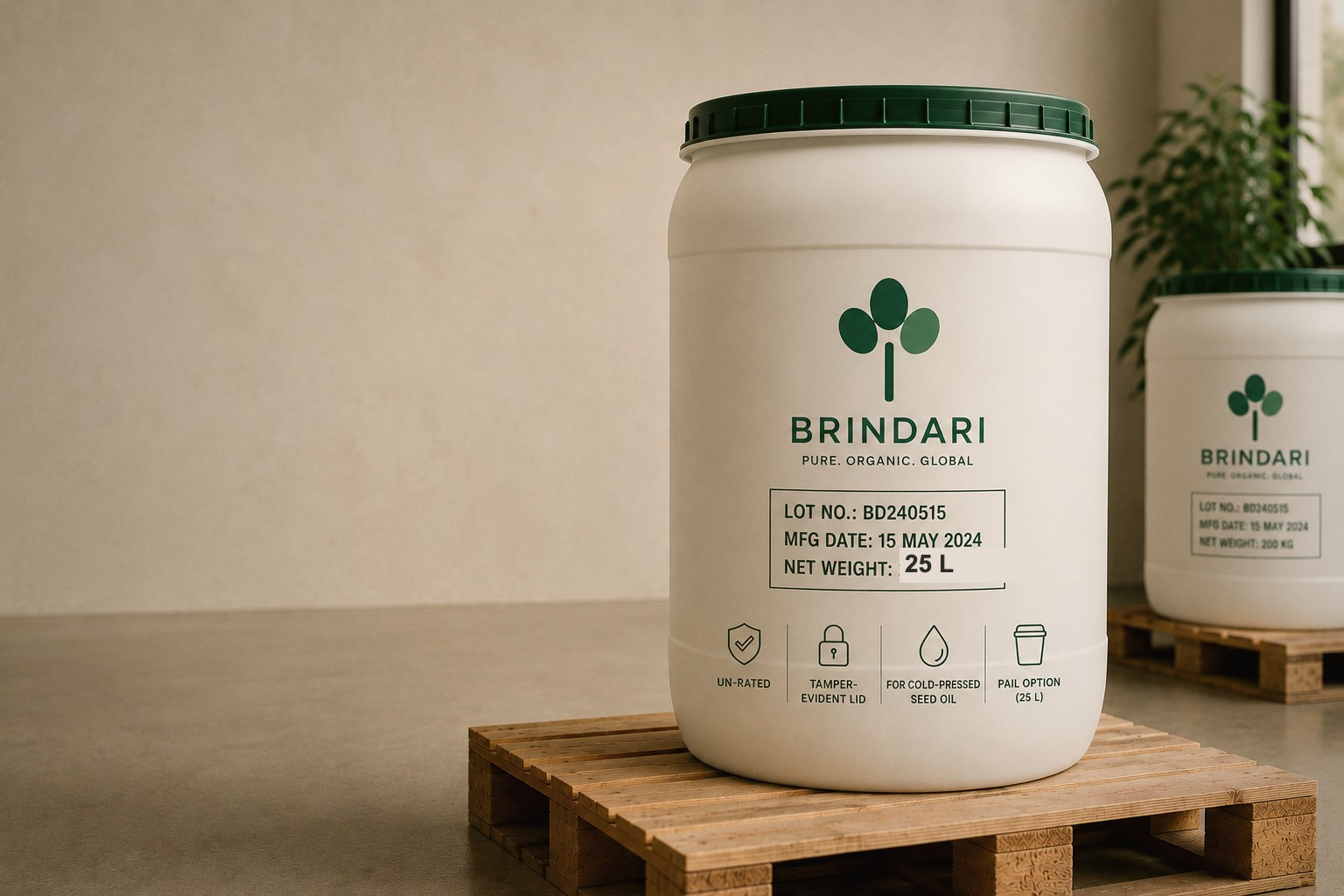 Food-grade 25 L HDPE pail with tamper-evident green lid, lot-coded, for cold-pressed seed oil