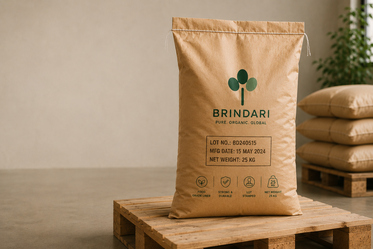 25 kg multi-ply kraft paper sack with food-grade liner, lot-stamped