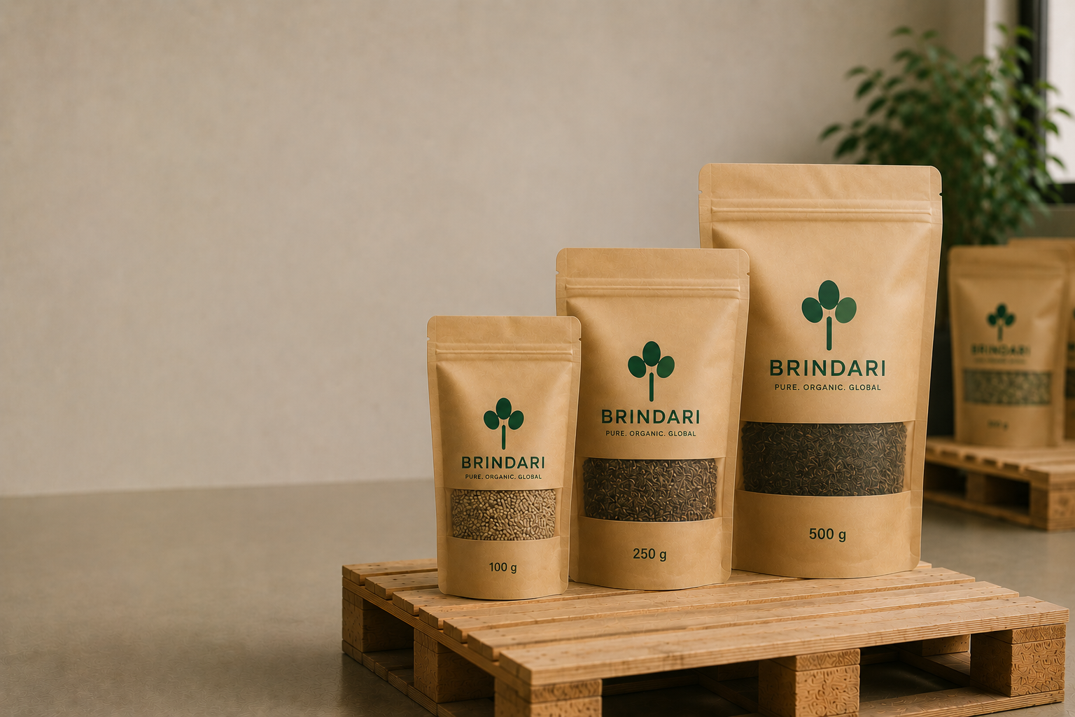 Three kraft stand-up retail pouches in 100 g, 250 g, and 500 g sizes with resealable zippers