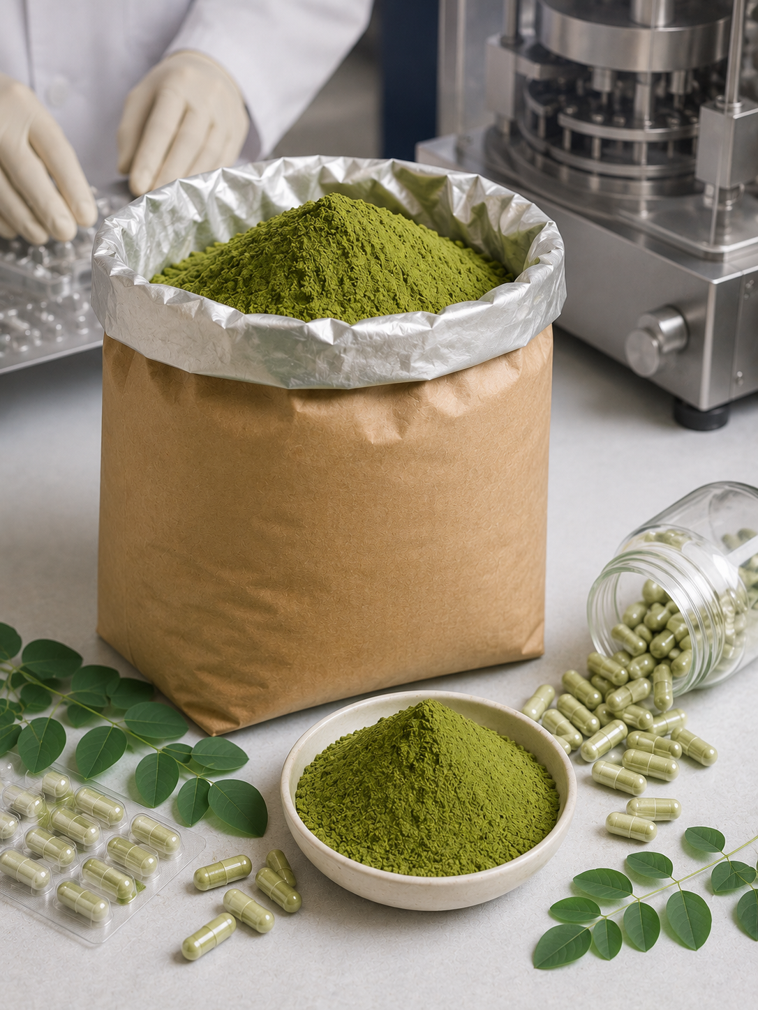 Capsule-grade moringa powder in kraft sack with capsules and fresh leaves