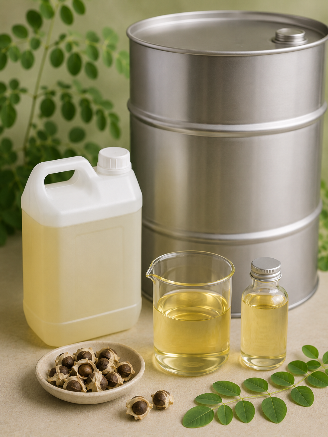 Cosmetic-grade moringa seed oil in glassware beside a steel drum and pail