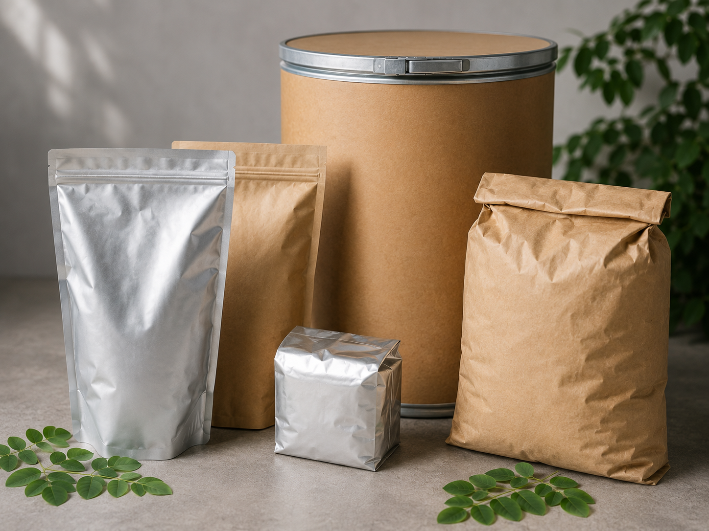 Custom bulk moringa packaging in foil pouches, kraft bags and drums