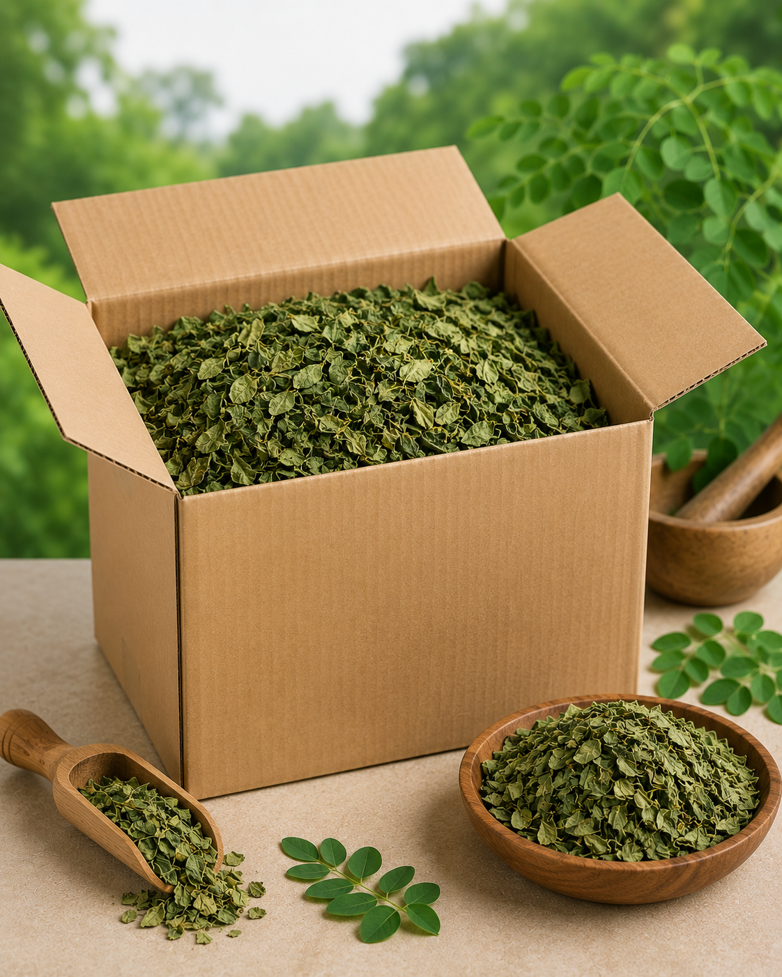 Whole dried moringa leaves in a wooden bowl with kraft pouch and fresh leaves on a farm-side table