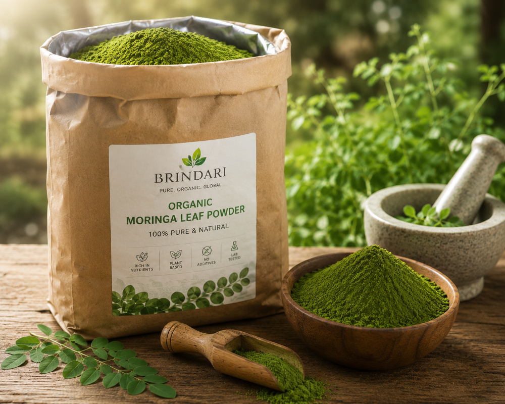 Organic moringa leaf powder in a wooden bowl with kraft pouch and fresh leaves
