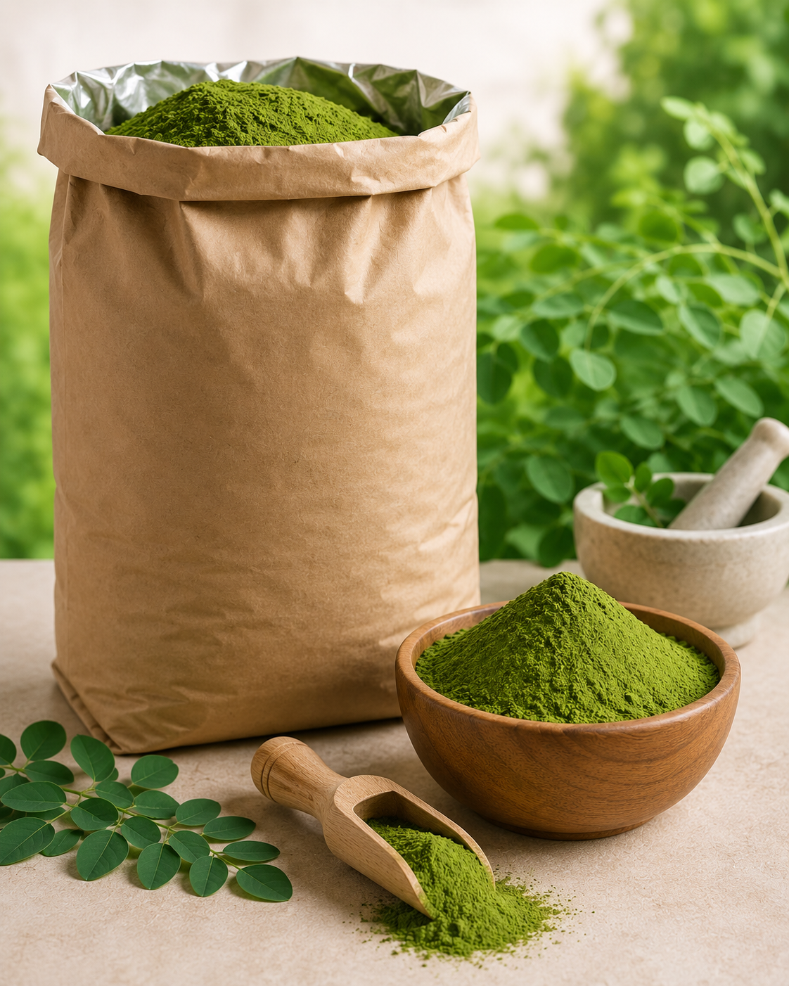 Organic moringa leaf powder in a wooden bowl with kraft pouch and fresh leaves