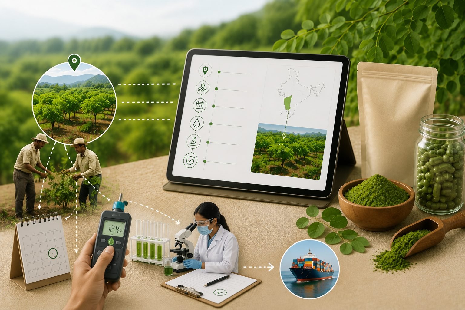 Single-origin traceability — farm cluster, moisture meter, microscope, and shipment chain