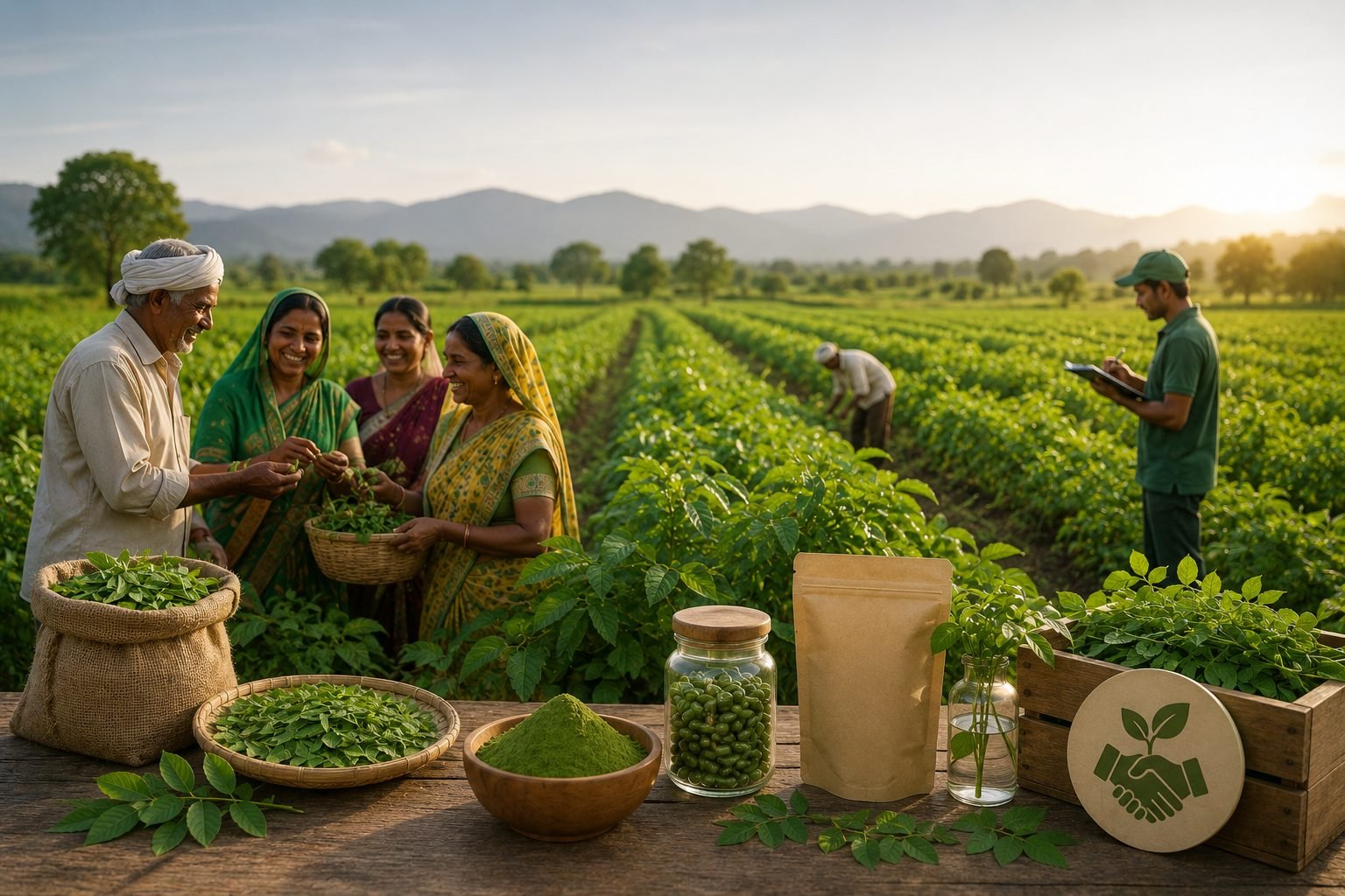 Sustainable farming partners harvesting moringa leaves at sunrise