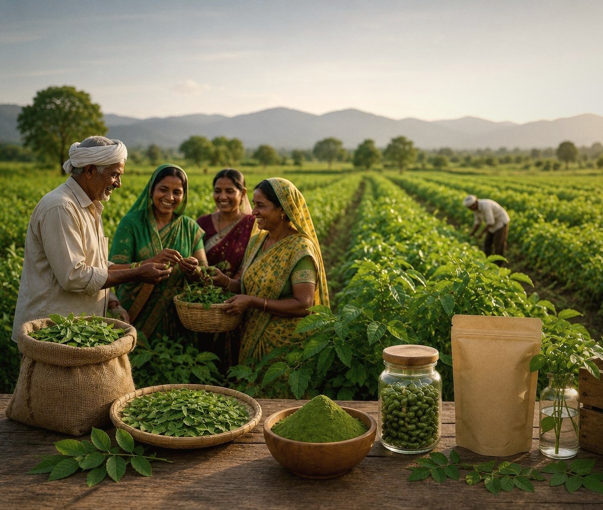 Sustainable farming partners harvesting moringa leaves at sunrise
