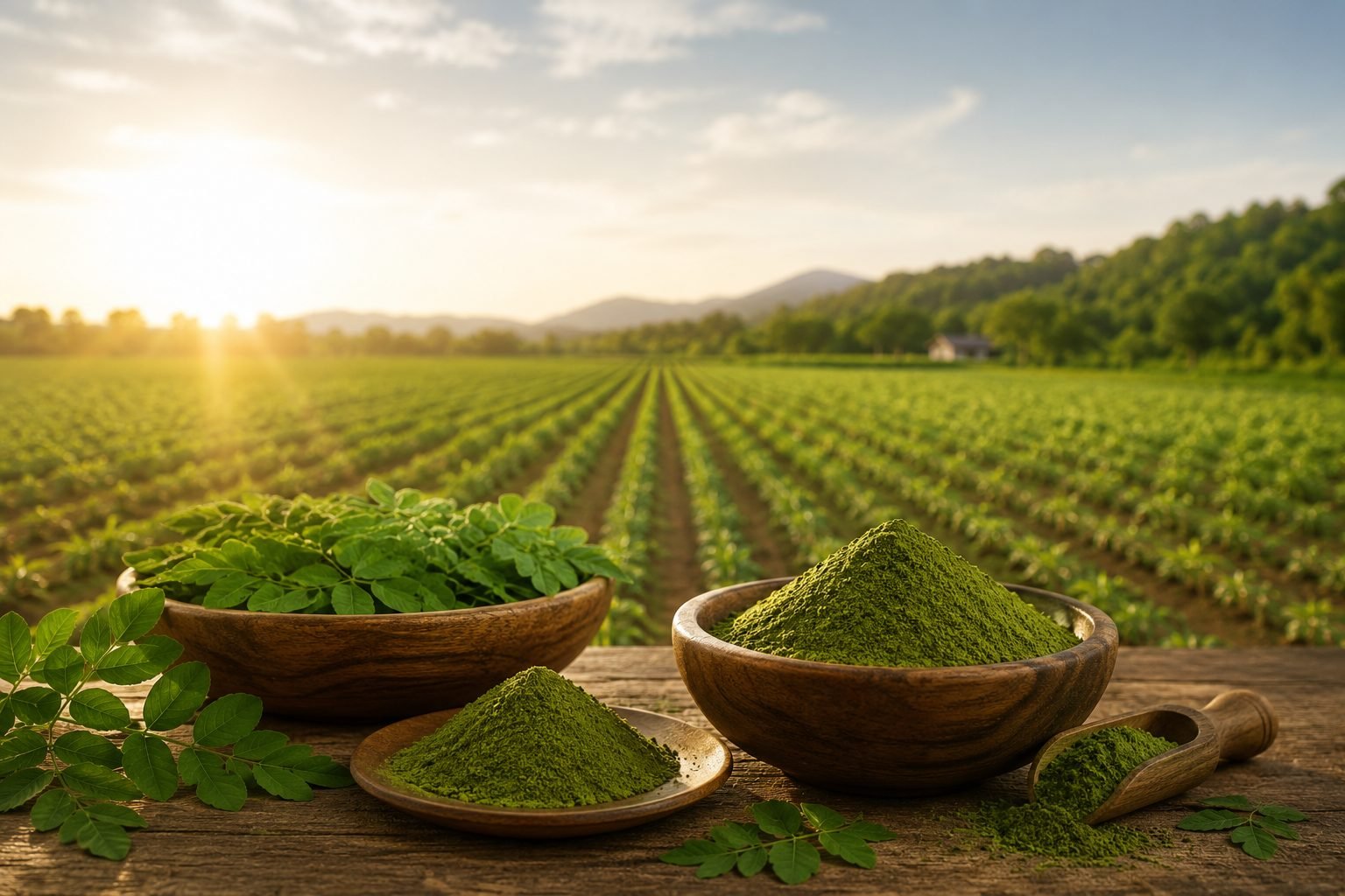 Bowls of fresh moringa leaves and fine-milled powder over a moringa field at sunrise